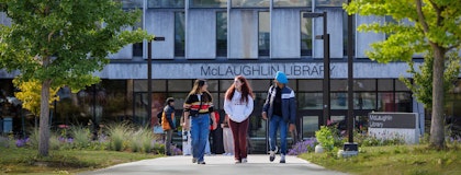 Students talking outside the McLaughlin Library