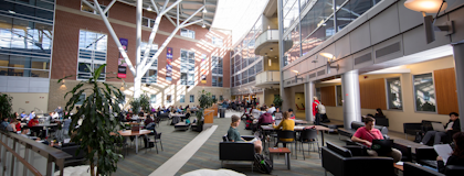 Students studying in the Summerlee Science Complex Atrium