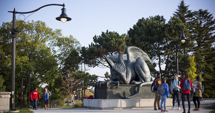 Students around the Gryphon Statue