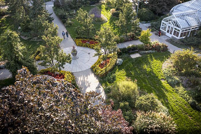An overhead view of the landscaped grounds at the University of Guelph.