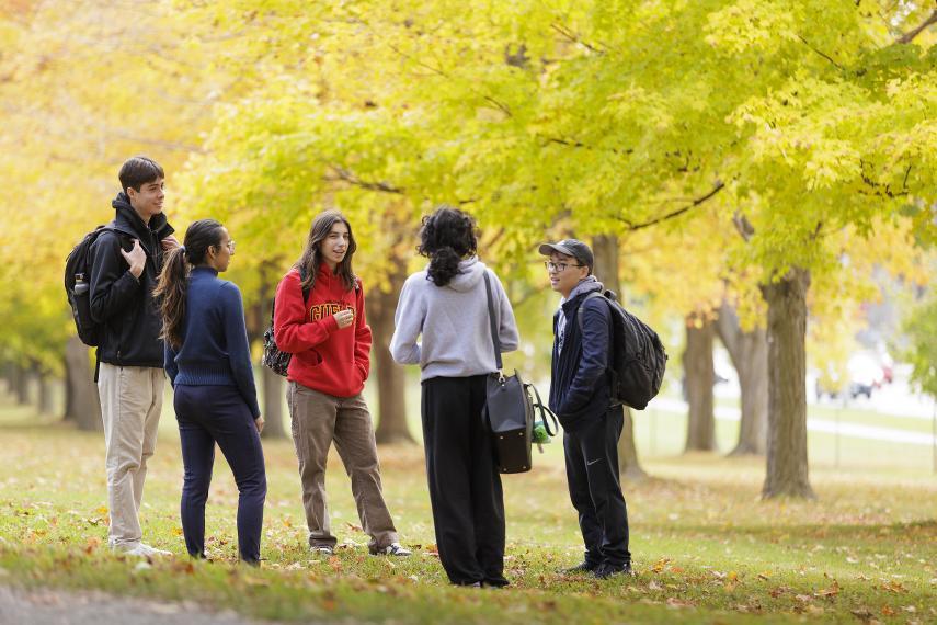Five U of G students chat as a group outside under a maple tree.