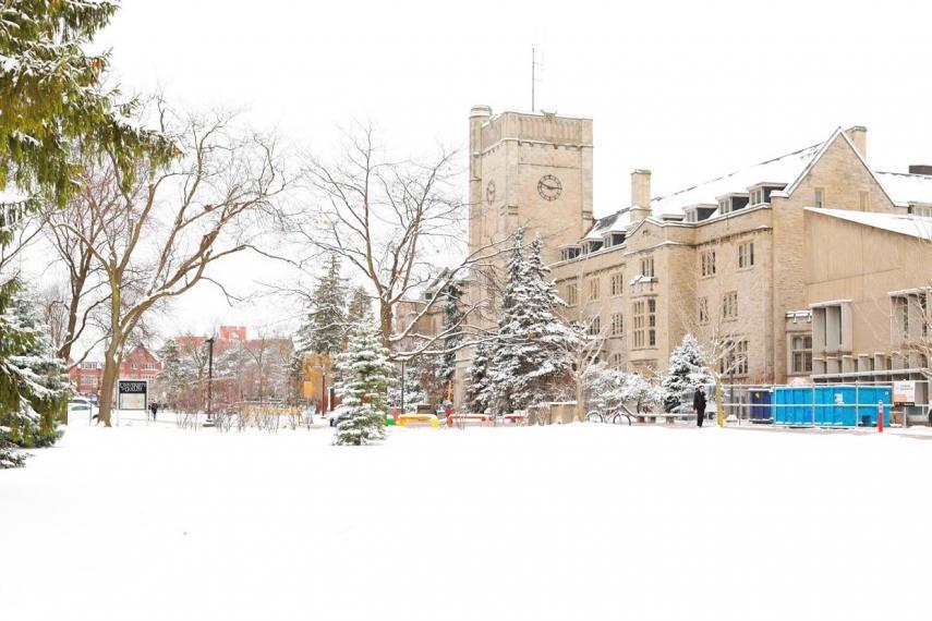 Snow covers Johnston Hall at the University of Guelph campus