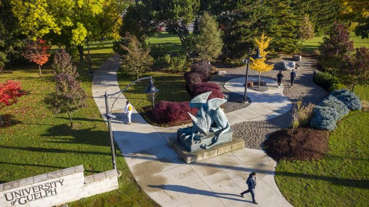 Aerial view of the Gryphon statue at the University of Guelph.