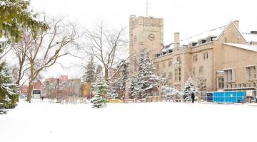 Snow covers Johnston Hall at the University of Guelph campus