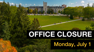 Aerial photo of Johnston Green and Johnston Hall with text "Office Closure - Monday July 1" over-layed