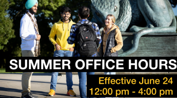 Image of four students in front of the Gryphon statue with the text Summer Office Hours